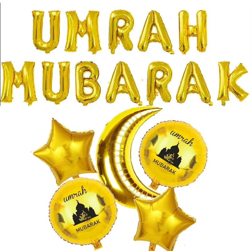 1Set Gold Umrah Mubarak Alphabet Star Moon Foil Balloon Eid Mubarak Islamic Muslim Festival Pilgrimage Party Decor Supplies