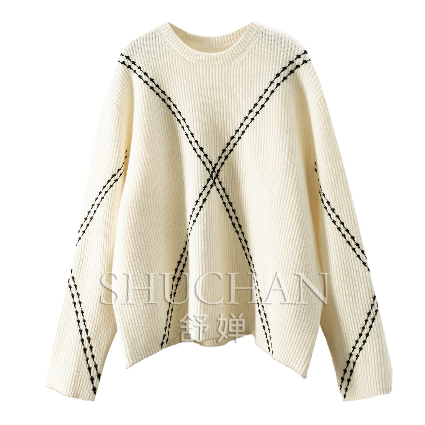 PULLOVER 500g Gentle and Warm White in Autumn and Winter, Loose Round Neck Ingot Needle Embroidered Wool Sweater Women's 22X7