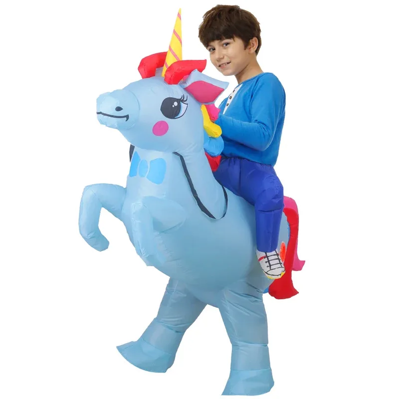 الكبار الطفل نفخ ركوب الأزرق يونيكورن تأثيري الهواء تفجير مجموعة لجميع القديسين كرنفال موضوع ملابس تنكرية للحفلات