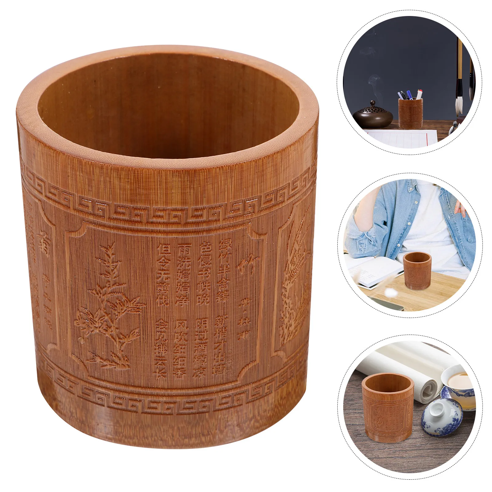 Bamboo Pen Holder Vintage Carving Brush Pen Storage Container Desktop Organizer Chinese Style Home Decor Stationery Storage Box