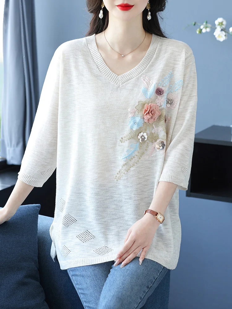 

Floral Applique T Shirt Women Pullovers 2025 Summer Clothes For Women Loose Knitted Tees Top Short Sleeve Women's T-shirt