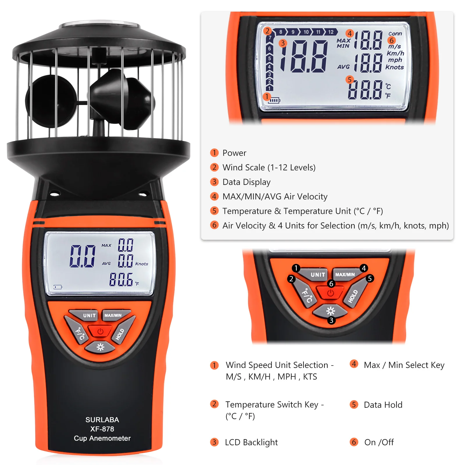 

XF-878 Cup Anemometer 0.7-42m/s 4 Units MAX/AVG/MIN Backlight Compass Tripod Mount for Wind Sailing