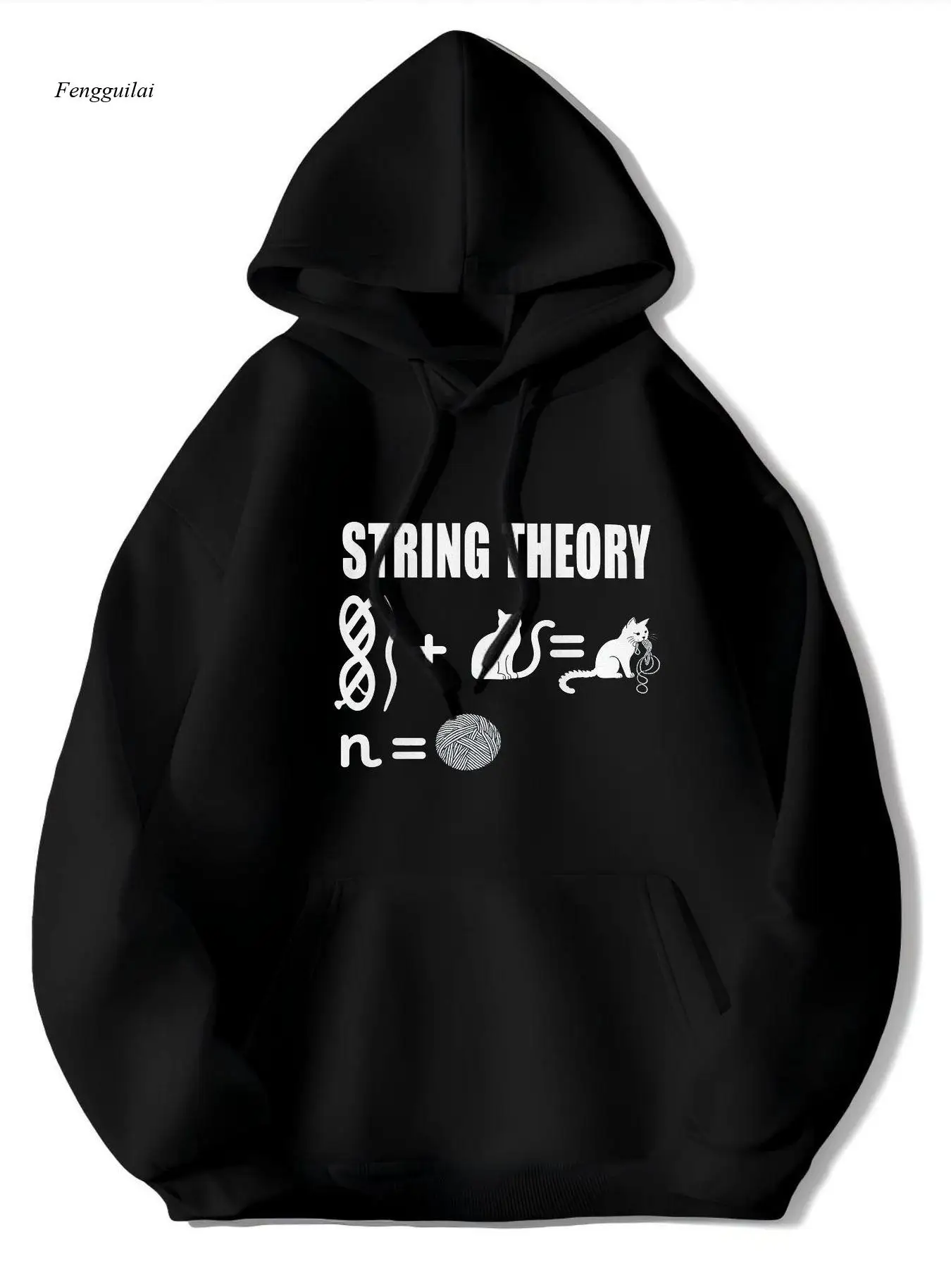

Толстовка с капюшоном с рисунком «Теория струн» — дизайн «Любитель науки и кошек», капюшон на шнурке и передний карман