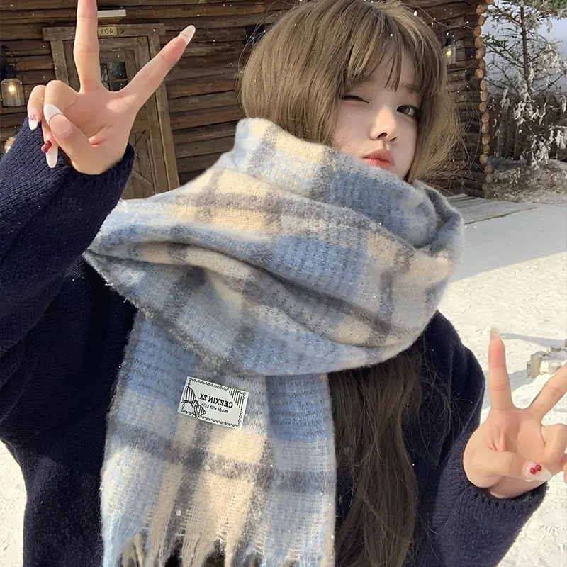 タータンチェック柄スカーフ-レディース-冬用-暖かい-韓国風-フリンジ付き-多用途-学生用ネックウォーマー-多目的-長方形-ポリエステル