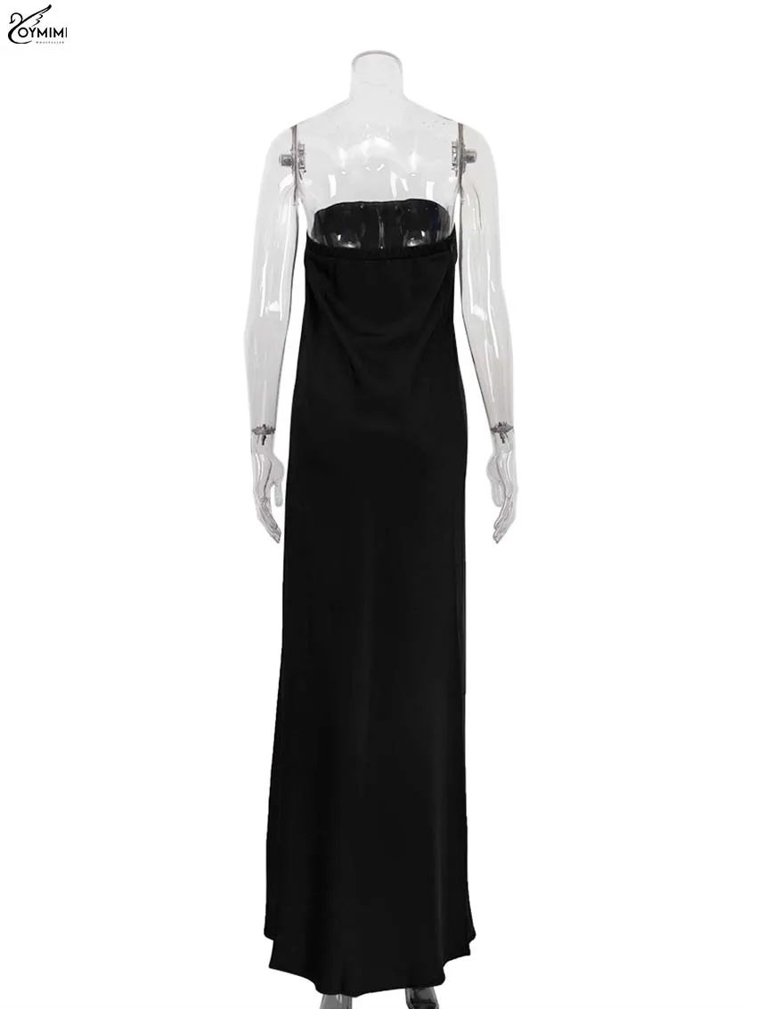 Oymimi Elegant Black Satin Womens Dresses Fashion Strapless Loose Solid Dresses Casual Simple Floor-Length Dress Female Clothing