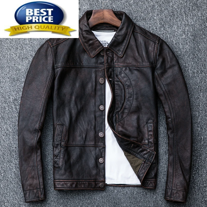 Genuine Leather 100% Man Jacket Top Layer Cowhide Jackets for Men Spring Autumn Vintage Men's Coat Veste Homme Xhl345