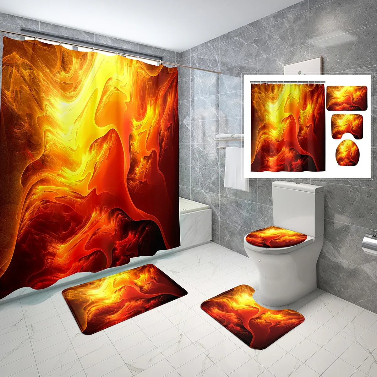 4 Sets Flame Shower Curtain Sets with Non-Slip Bath Mat,Toilet Lid Cover and Abstract Lighting Branch Fire Shower Curtain Set