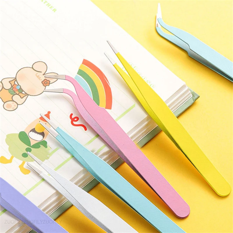 Stainless Steel Straight Curved Tweezer Colorful Pink Purple Blue DIY Eyelash Tweezers Nail Art Sticker Rhinestones Picking Tool