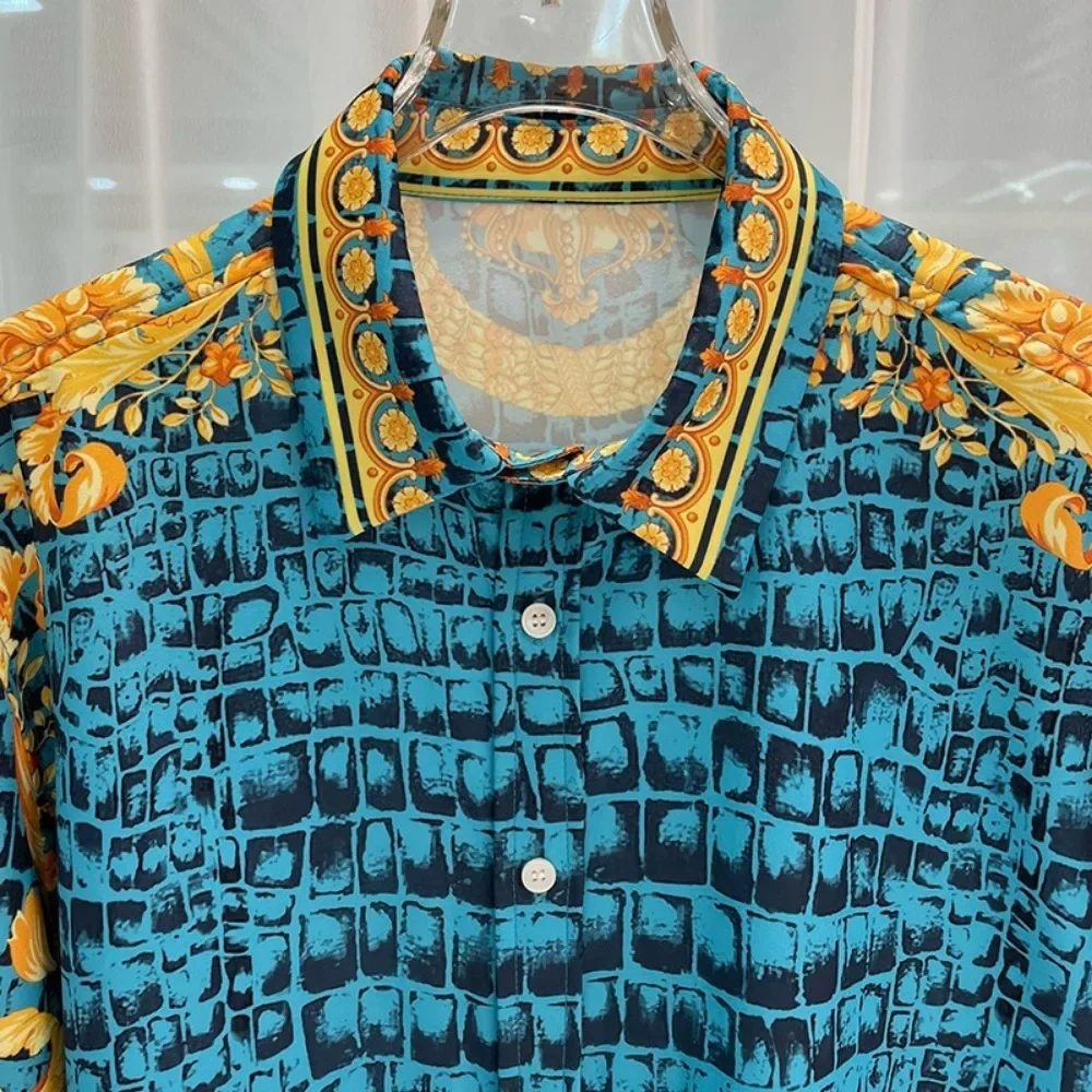 Men's Simple Retro French Classic 3D Printed Shirt Long-sleeved Lapel Light and Breathable Business Casual Party Outer Top