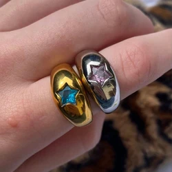 Fashion Five-pointed Star CZ Zircon Geometric Chunky Ring Women Gold&silver Color Stainless Steel Thick Ring Punk Jewelry Gift
