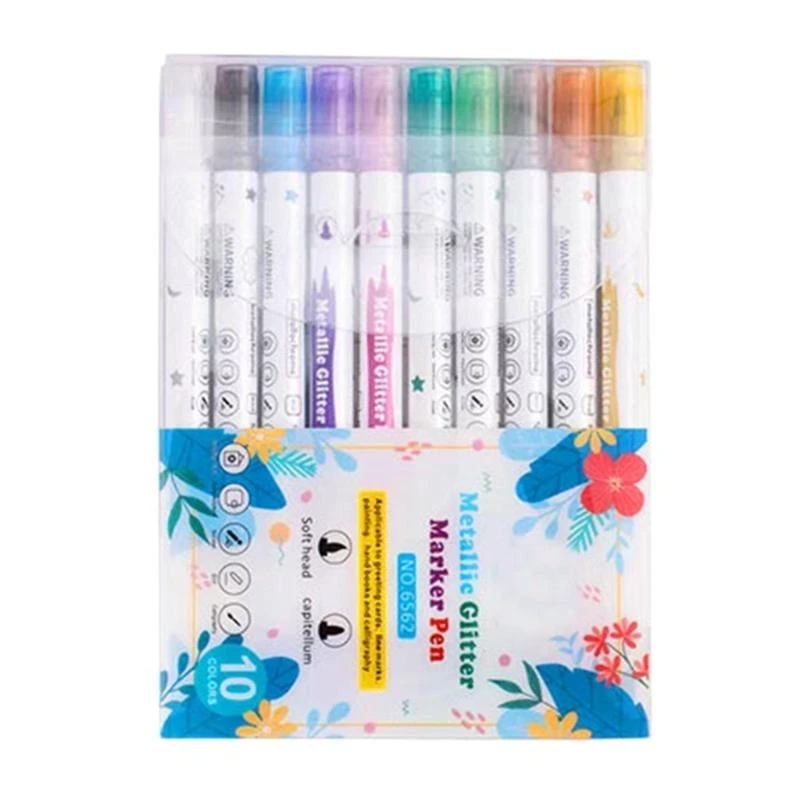 

W89C 10 Pcs Double End Metallic Marker Pens Double Tip Glitter Marker Kid Art Set