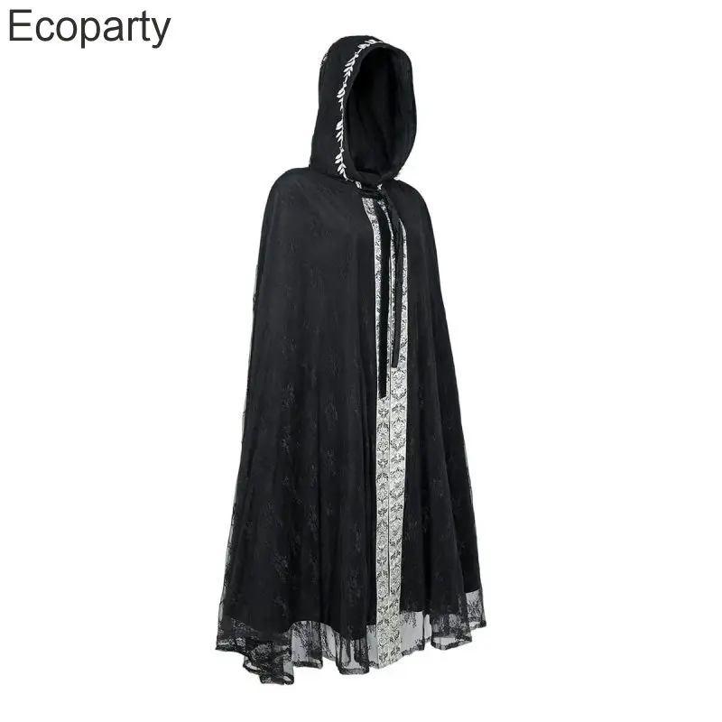 Halloween Medieval Costumes Men Women Retro Black Lace Patchwork Gothic Hooded Cloak Carnival Wizard Witch Cosplay Long Robes