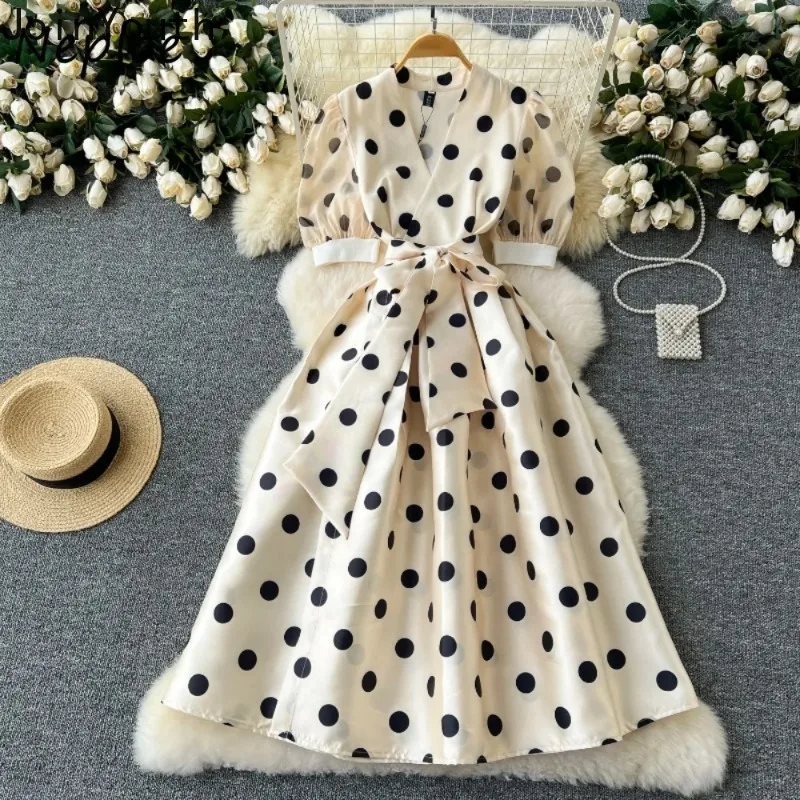 Summer Dress Women V Neck Puff Sleeve Robe Bandage Slim Waist Vestidos De Mujer Big Swing Polka Dot Vintage Maxi Dresses 7o040