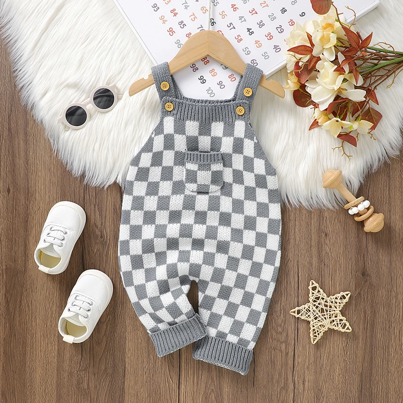 

Newborn Baby Romper Knitted Infant Boy Jumpsuit Sleeveless Autumn Toddler Kid Sling Clothing Fashion Plaid Pocket 0-18M Overalls