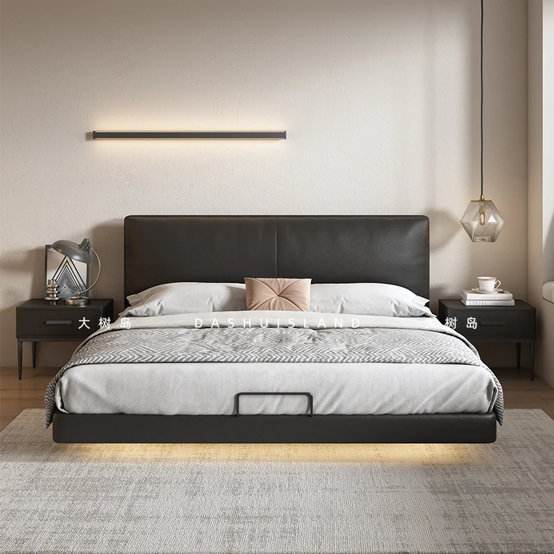 Home floating bed Italian extremely thin head master bedroom modern simple head cowhide black leather bed