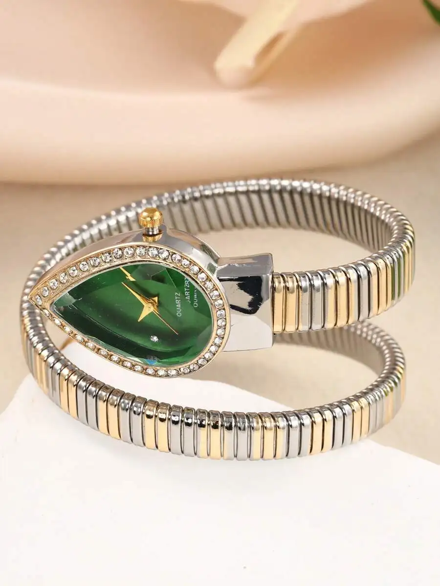 1pc Women's Bracelet Watch, New Elegant Snake Head Shaped Bangle Watch, Luxurious Business Chic Rhinestone Sparkling Ladies