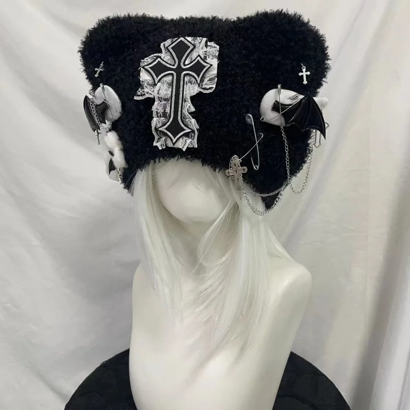 

Original Bone Punk Y2k Hats Cute Cat Ear Hat Cross Autumn Winter Knitted Caps Fluffy Keep Warm Hat