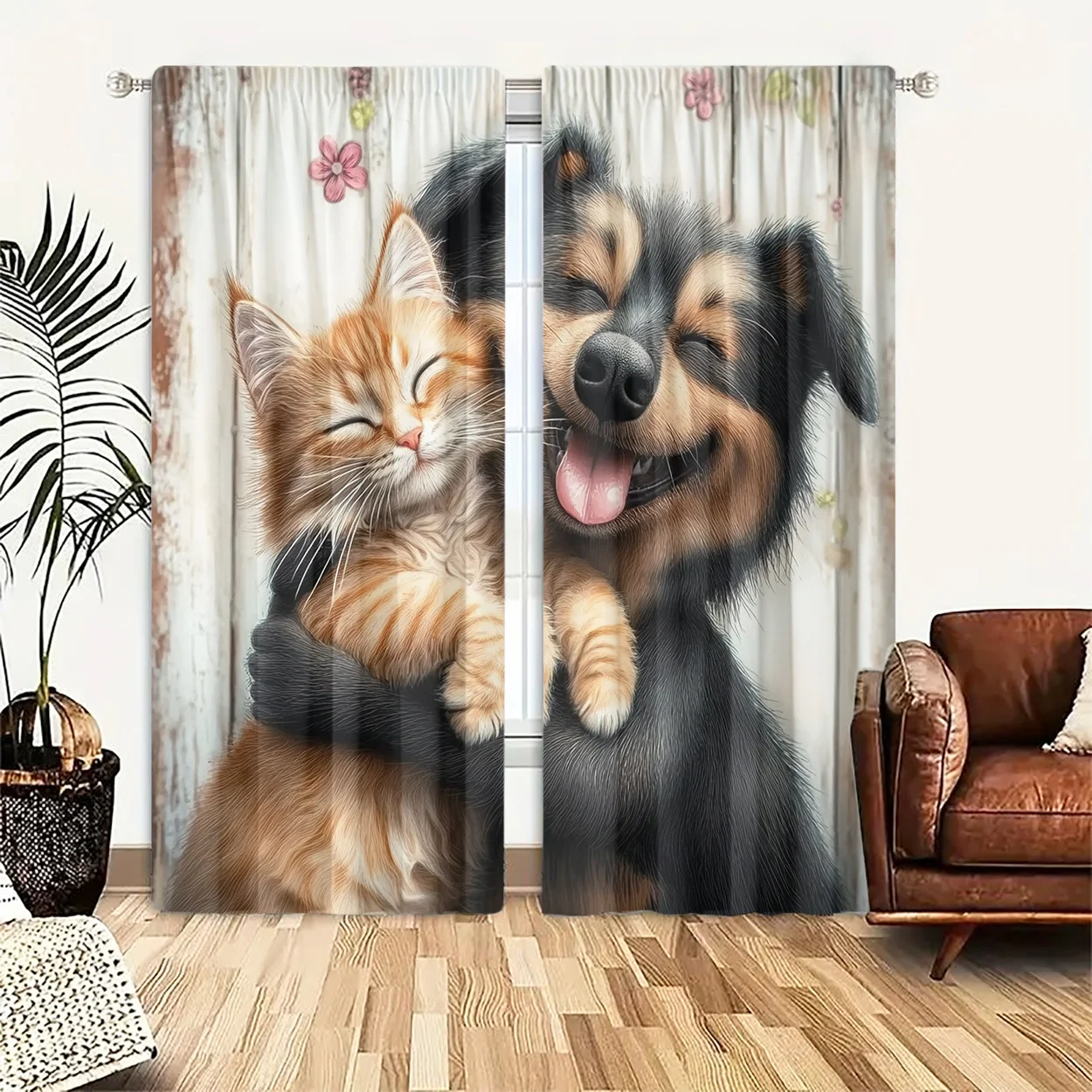 Cute Cat Dog Curtain, Hugging Pet Window Drape, Funny Animal Friendship Blackout Panel, Kids Room Living Room Home Decor