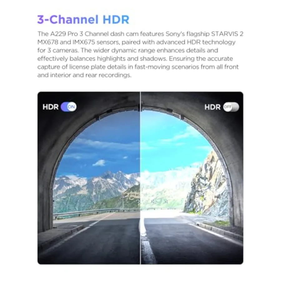 A229 Pro 4K 3CH Dash Cam HDR for Front and Rear and Inside with STARVIS 2 4K+2K+1080P 3 Channel Dash Cam, IMX678 and IMX675 STA view 5