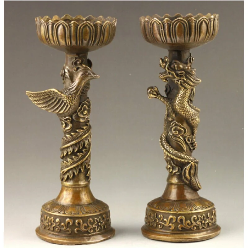 

SUIRONG---407 Chinese Handmade Fine Dragon And Phoenix Bronze Candlesti Pair Statue Statue