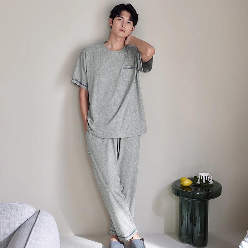 Men Light Gray Pajamas Set Summer Full Pure Cotton Pyjamas Male Home Clothes Short-sleeve Tops + Long Pants 2 pcs/set Sleepwear