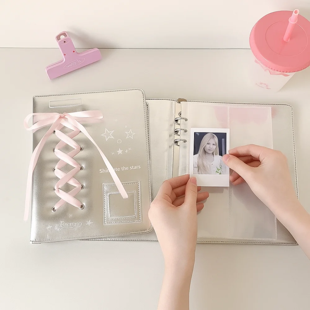 Balletcore-carpeta A5/A7, cubierta para cuaderno, lazo, cinta de seda, cubierta para álbum de fotos de hojas sueltas, carpeta de 6 anillas de cuero PU, cubierta para sesión fotográfica