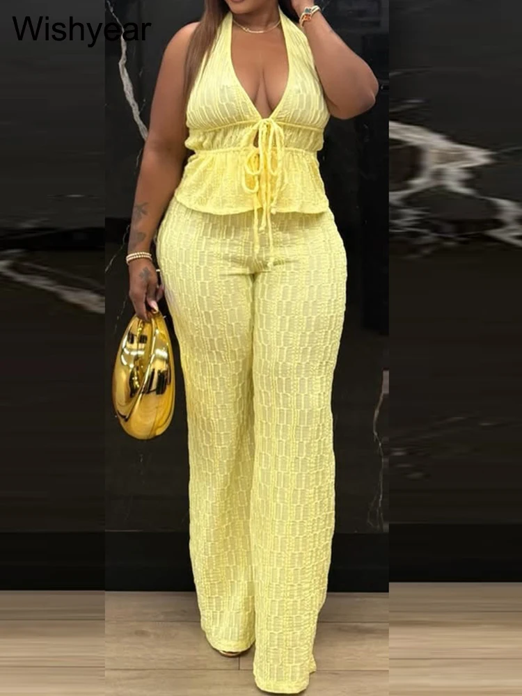 New Women Yellow 2 Piece Outfits Textured Halter Neck Deep V Neck Peplum Top + High Waist Wide Leg Pants Set Friendly Vacation