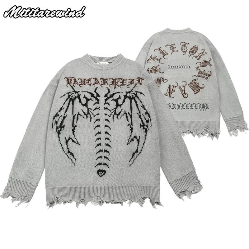 

Hip Hop Streetwear Knitted Sweaters for Men Skeleton Jacquard Ripped Hem Autumn Pullover Sweaters Fashion Couple Y2k Sweater