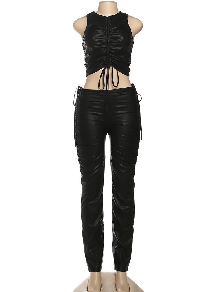 Kliou Decorazione con coulisse Set da 2 pezzi Donna in pelle PU o-collo Canotte con ombelico esposto + Pantaloni lunghi skinny Abiti stile hip-hop