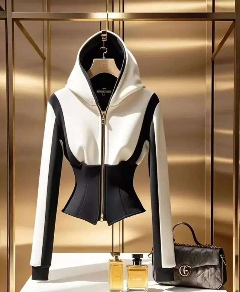 French Elegance White Black Patchwork Hooded Sweatshirt Women Jacket Waist 2025 Casual Office Lady High End Crop Top Zipper Coat