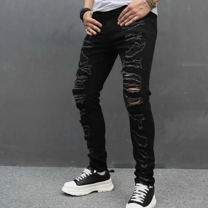 European and American Foreign Trade New Men's Jeans Classic Ripped Slim-fitting Small Feet Teen Men's Elastic Trousers