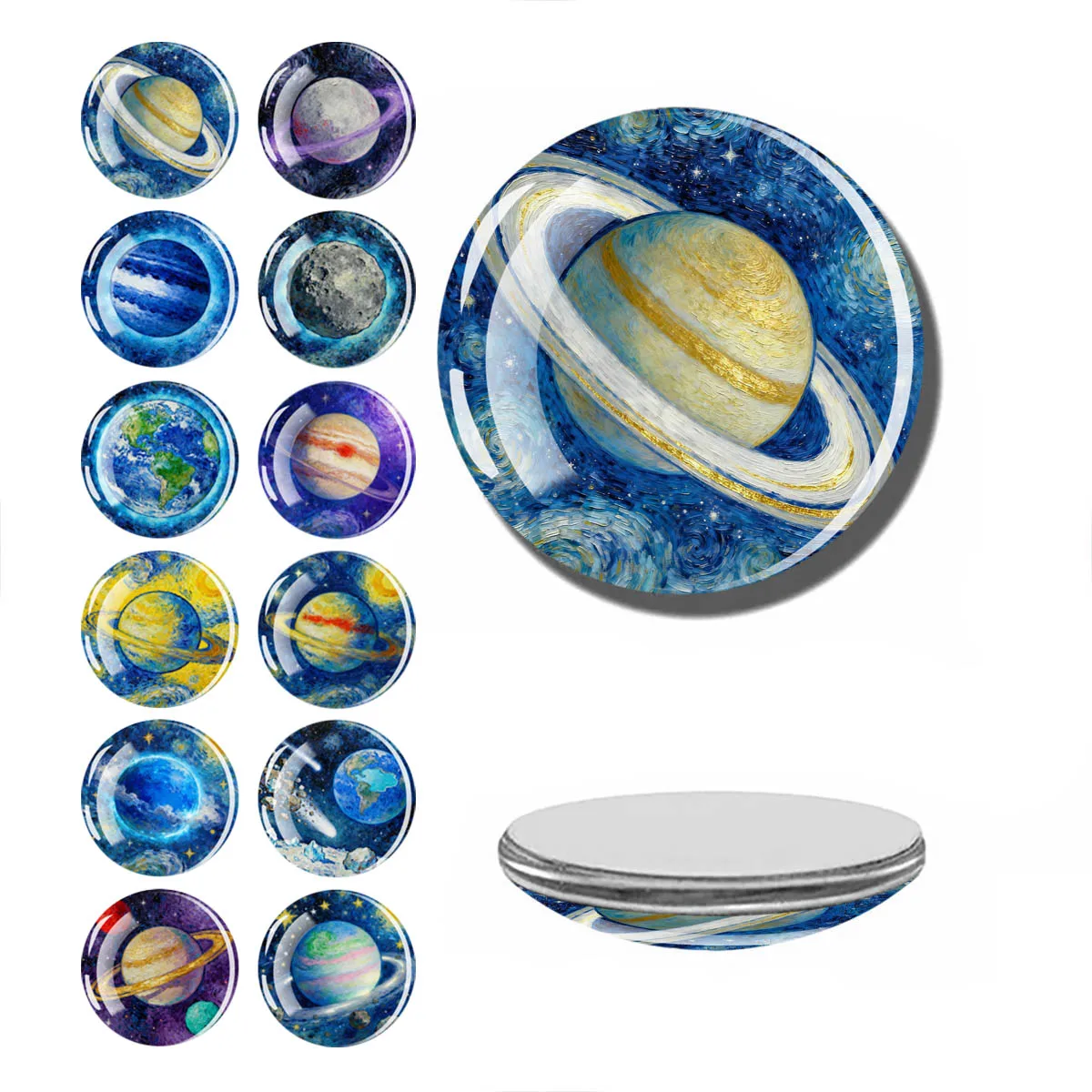 Hand Drawn Planets Pattern Glass Fridge Magnet 30MM Round Magnetic Refrigerator Sticker Home Kitchen Astronomy Enthusiasts Gift