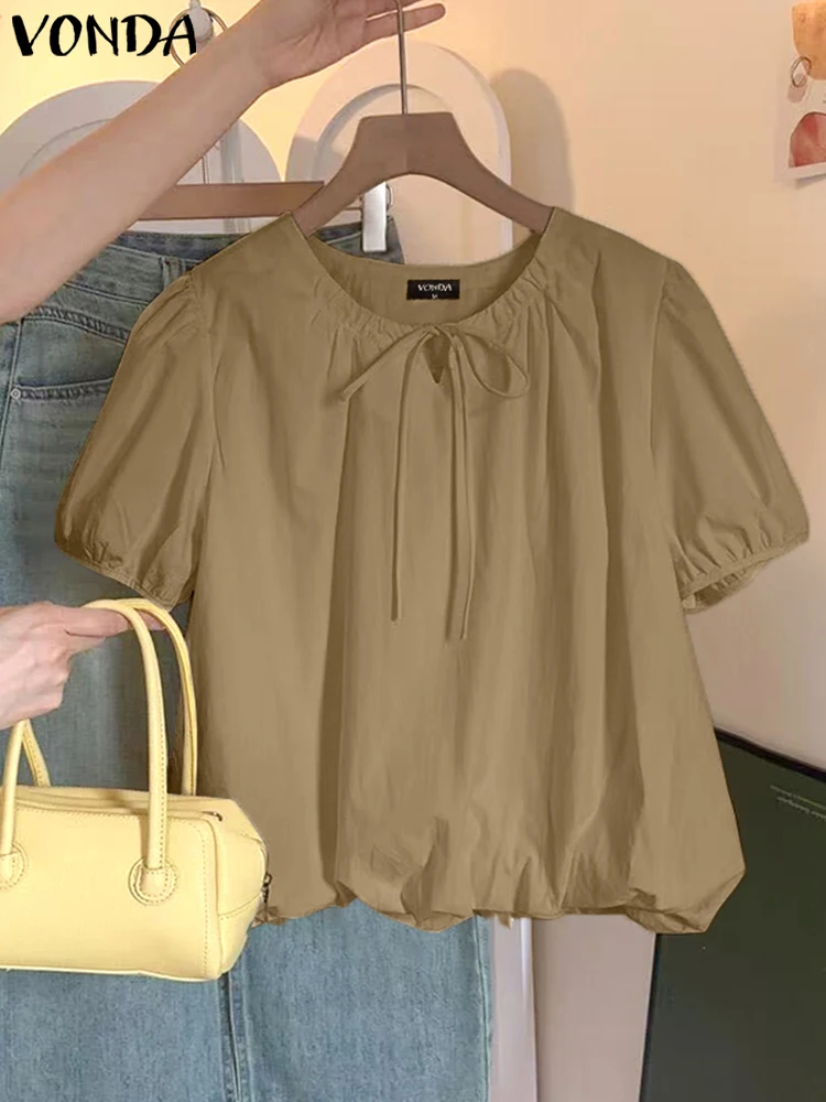 VONDA Mode Zomer Korte Mouw Blouses Vrouwen Tuniek Tops Bandage O-hals Casual Solid Losse Elegante Kantoor Koreaanse Zoete Blusas