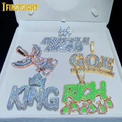 New Iced Out Bling CZ Letter Hustle Hard Rich Lucky Pendant Necklace 5A Zircon Badge Fluorescence Charm Men Hip Hop Jewelry