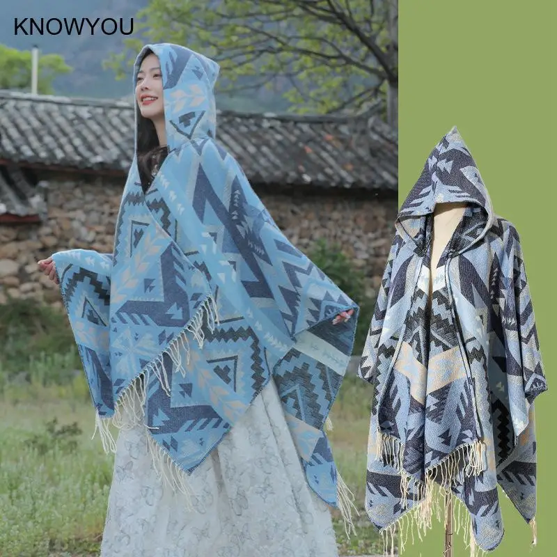 

Теплый кашемировый плащ-пончо с капюшоном для женщин и мужчин, осенне-зимнее, с принтом, пальто-плед, верхняя одежда