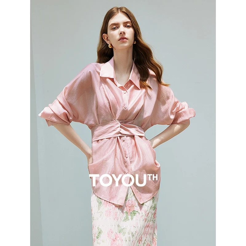 

TOYOUTH Women Blouse Shirt 2024 Summer New Tencel Lyocell Long Sleeve Lightweight Sun Protection Outfit Shirt With Waistband