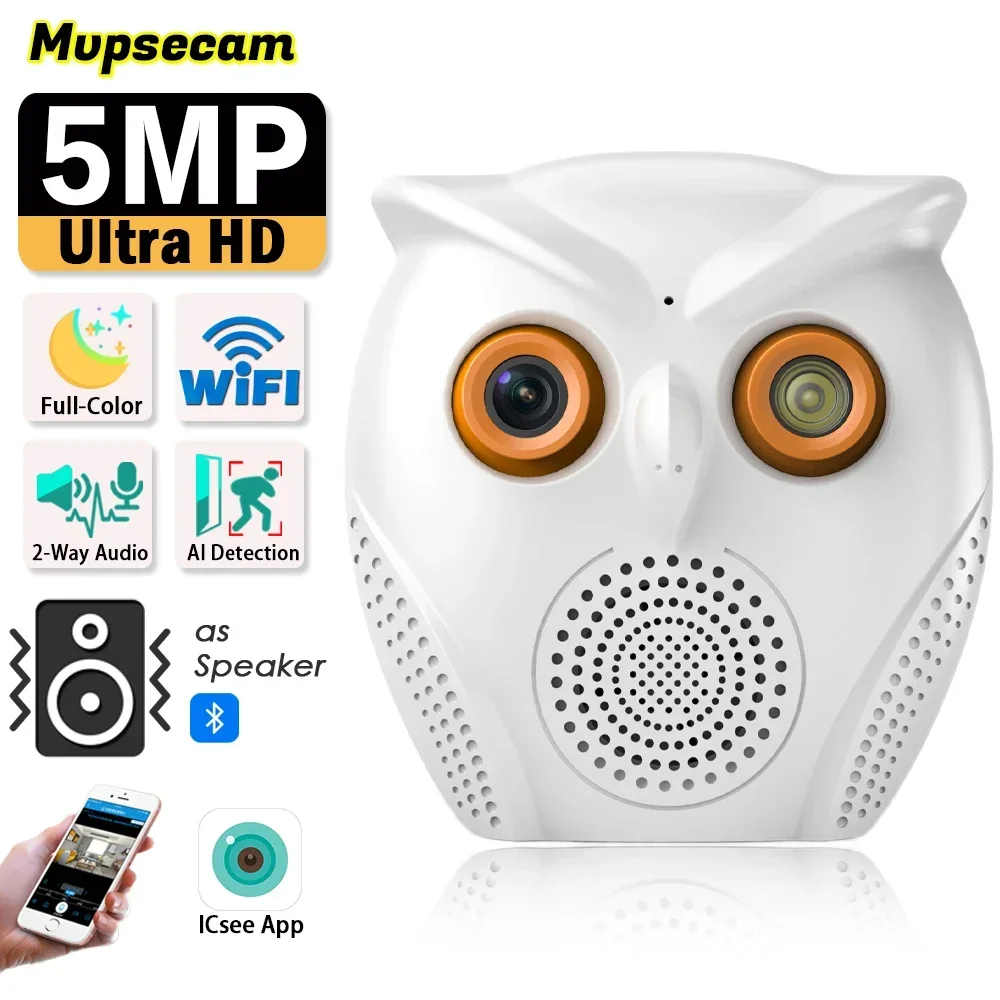 

iCSee Wi-Fi камера OWL Shape Беспроводная домашняя камера видеонаблюдения 5MP HD IP-камера безопасности Крытый монитор для обнаружения человека Bluetooth-динамик