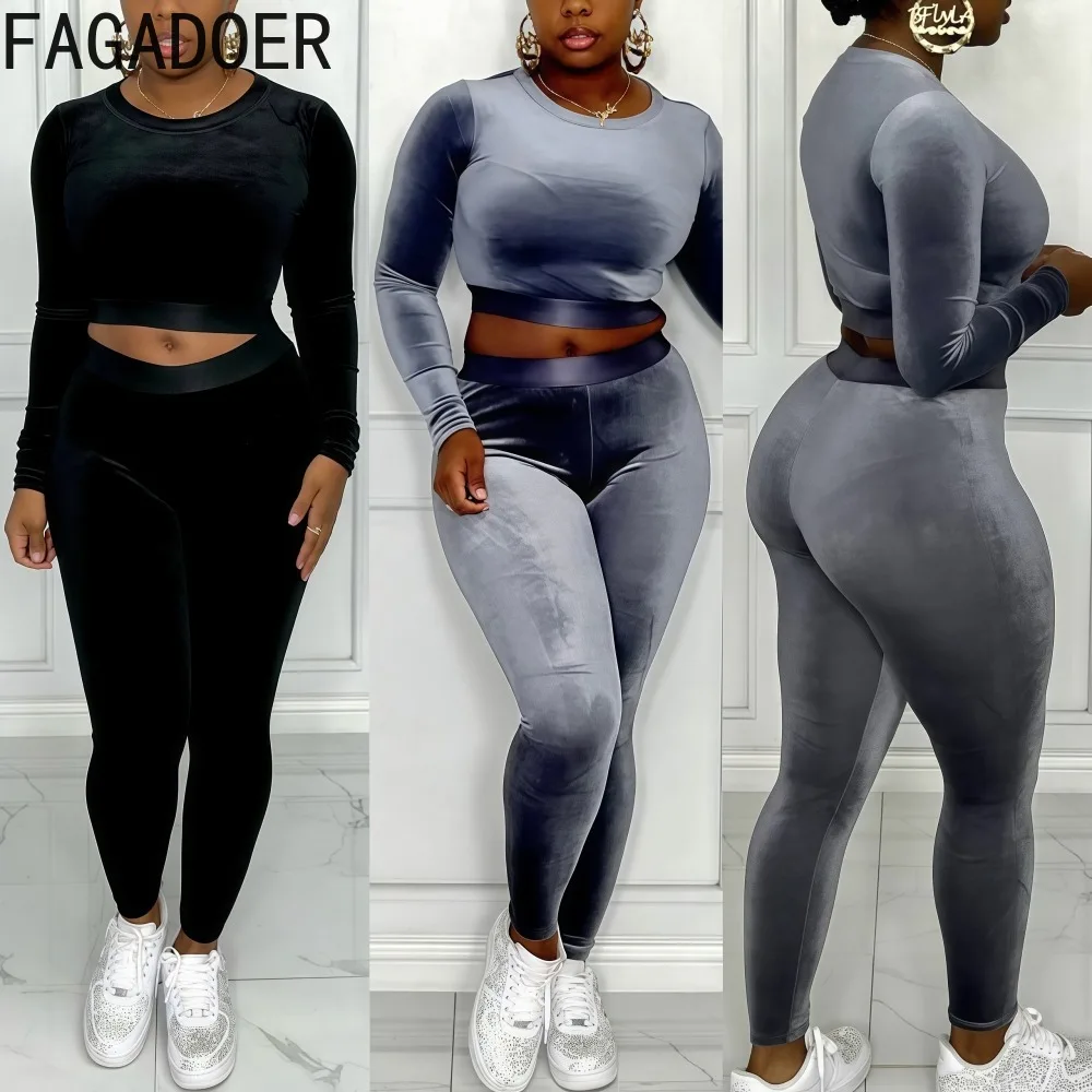 

FAGADOER Casual 2 Pieces Set for Woman Outfit Solid Color Long Sleeve Crop Top +Skinny Pants Matching Female Streetwear Clothing