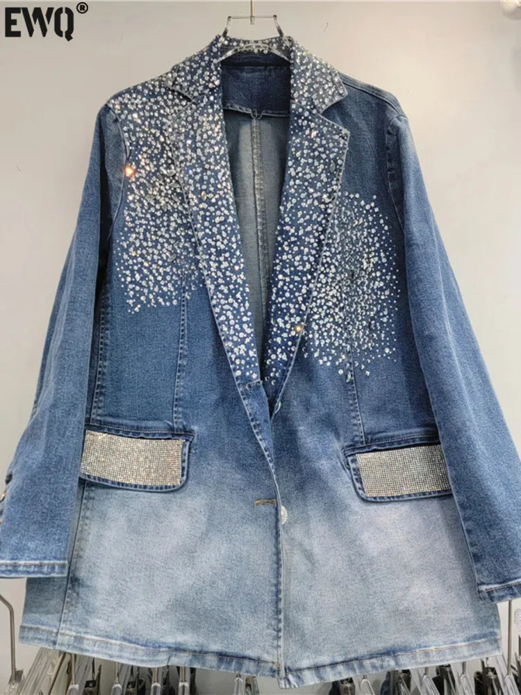 

[EWQ] Streetwear Full Sleeve Single Breasted Loose Denim Blazer Jacket Diamonds Luxury Jean Coats Women 2024 Autumn New 16O1162