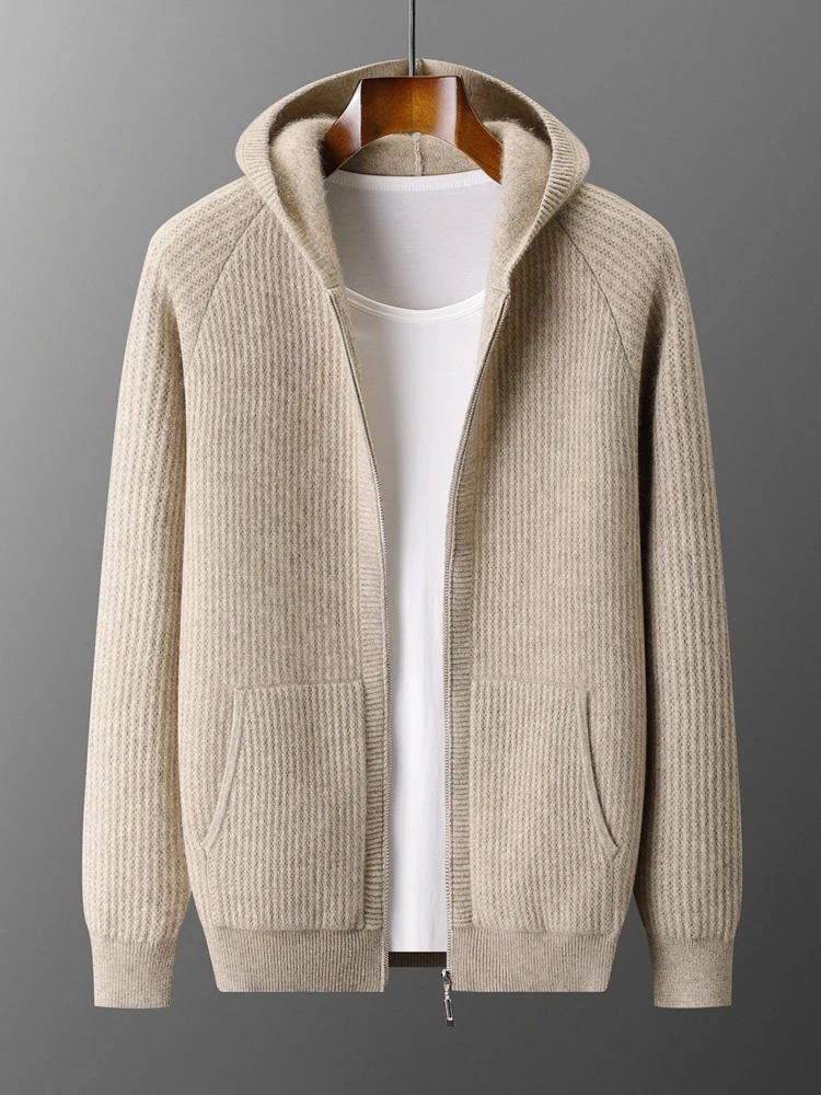 

Men Hooded Zippers Cardigan Sweater 100% Merino Wool Knitwear Jacquard Raglan Sleeve Thicken Casual Cashmere Autumn Winter Coat