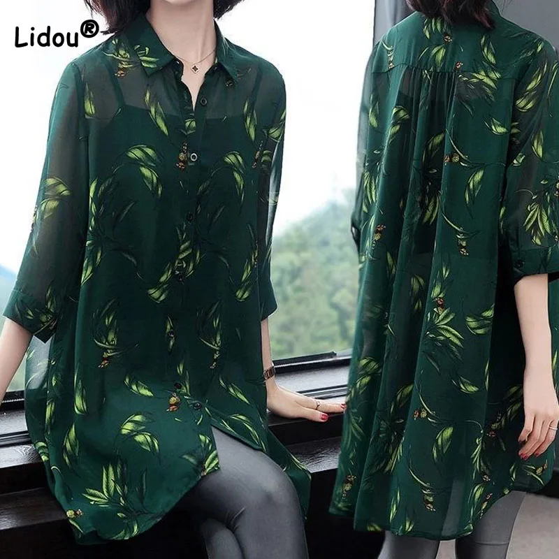 

Women's Clothing Fashion Casual Polo-Neck Printed Shirt Summer Thin Single-breasted Loose 3/4 Sleeve Chiffon Blouse for Female