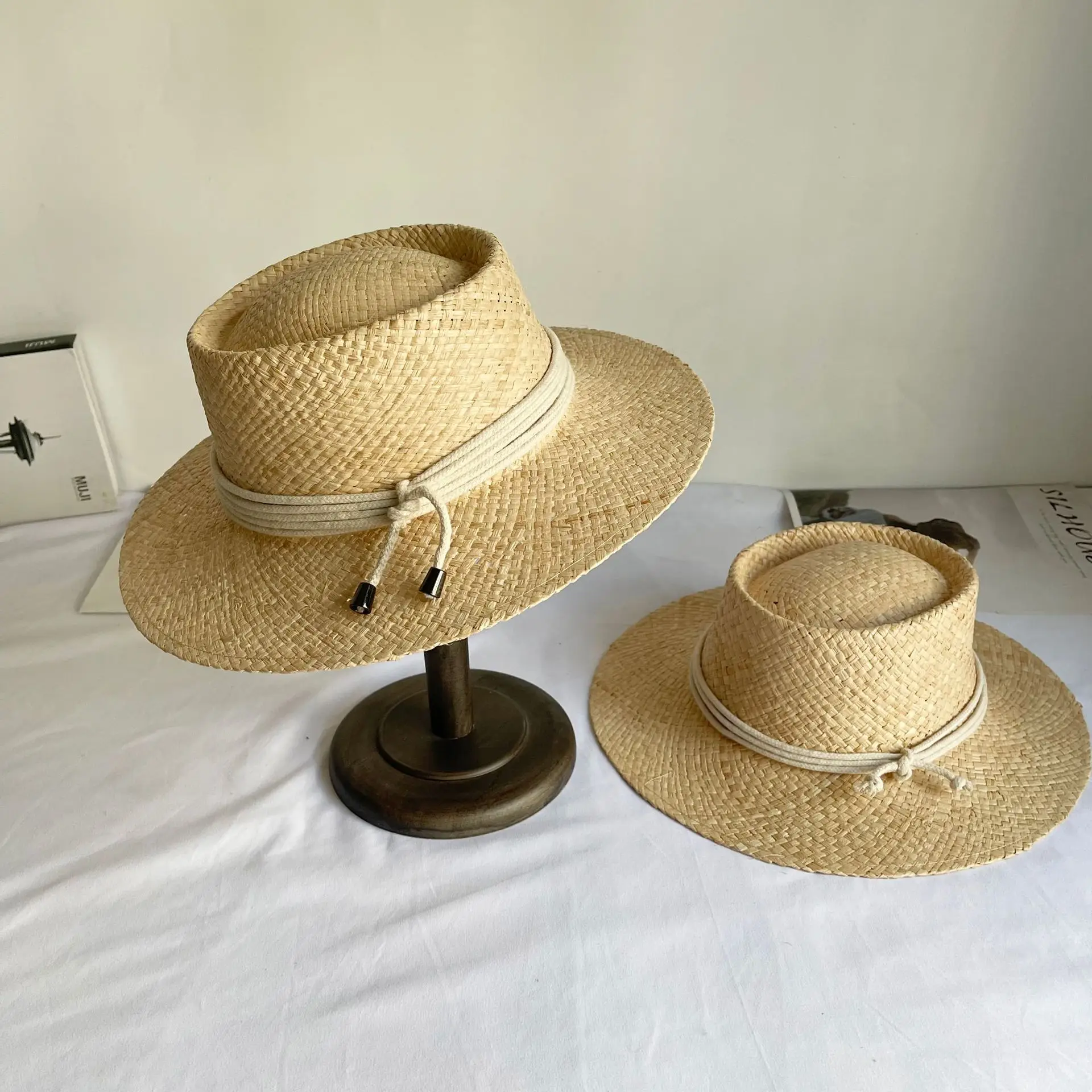 Handmade Women Summer Hat Wide Brim Straw Boater Hat with Cotton Cord Hatband Gambler Batterson Style Sun Hat Church Beach Derby