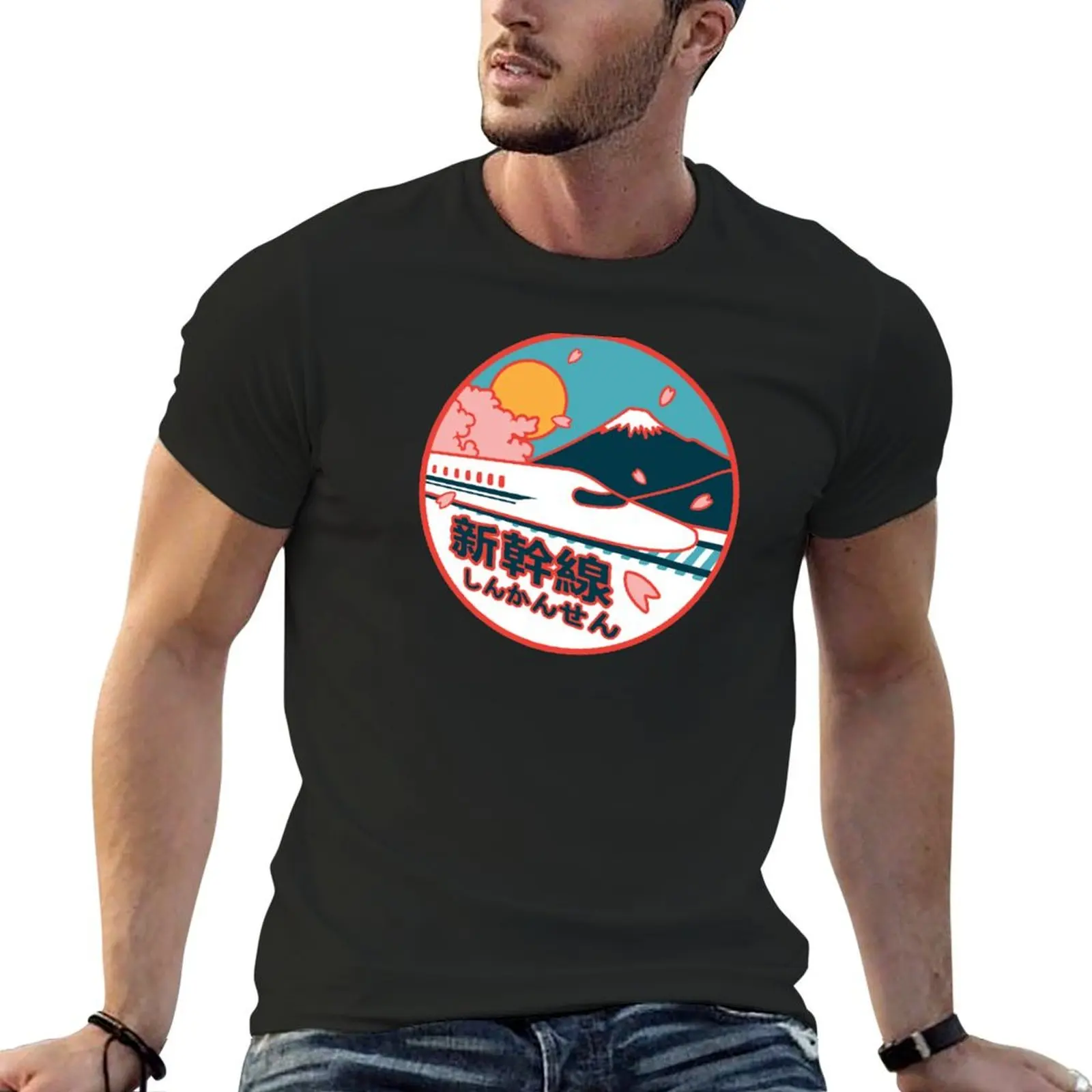 

Japan Shinkansen Bullet Train Mt. Fuji and Sakura Cherry Tree Icon T-Shirt kawaii clothes man t shirt mens white t shirts