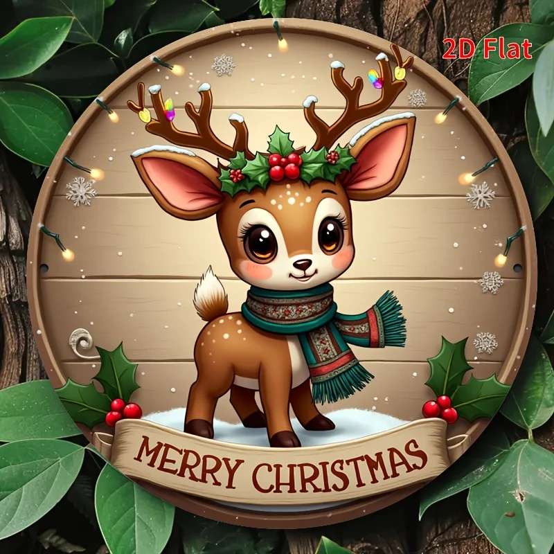 2D Plane - Cute Reindeer Christmas Joy Wreath , Metal Wreath , Door Decoration, 2D Flat, Perfect for Room Decor