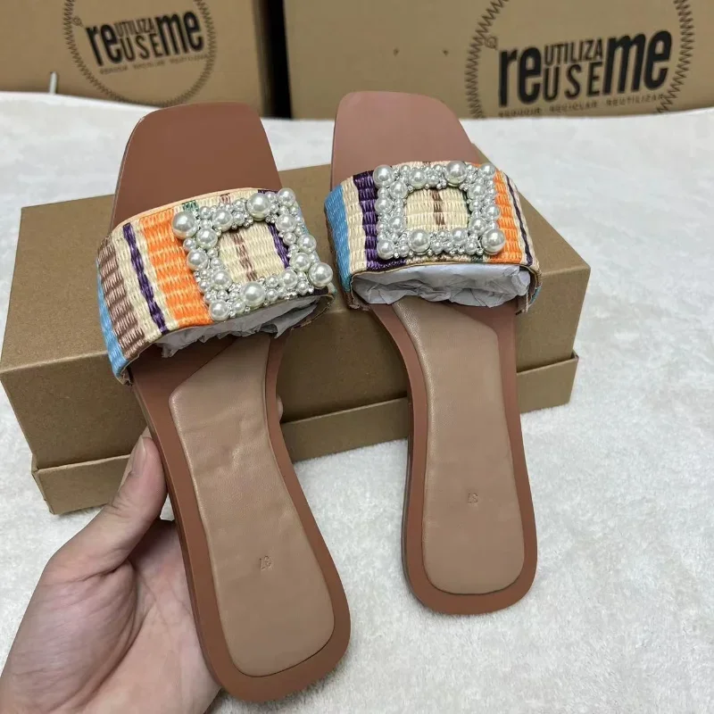 Pearl Women Slippers Square Buckle Designer Brand Flip Flops Flat Soft Sole Outdoor Slippers Woman 2023 Summer Beach Shoes