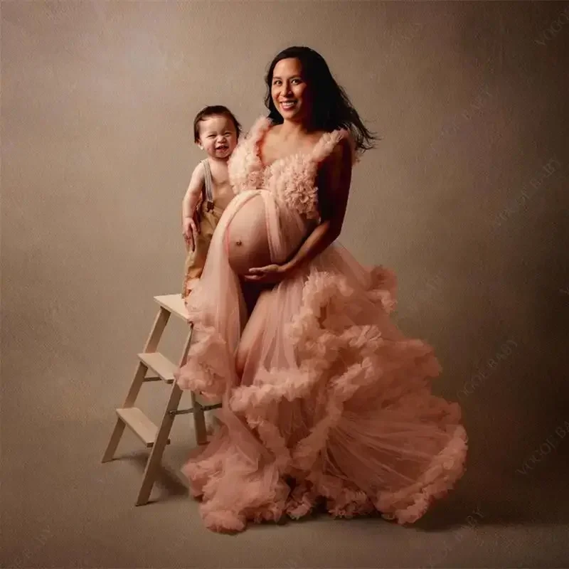 Robe de Bal Rose à Volants pour Femme Enceinte, Tenue de Soirée Élégante, Accessoires de Photographie, Séance Photo