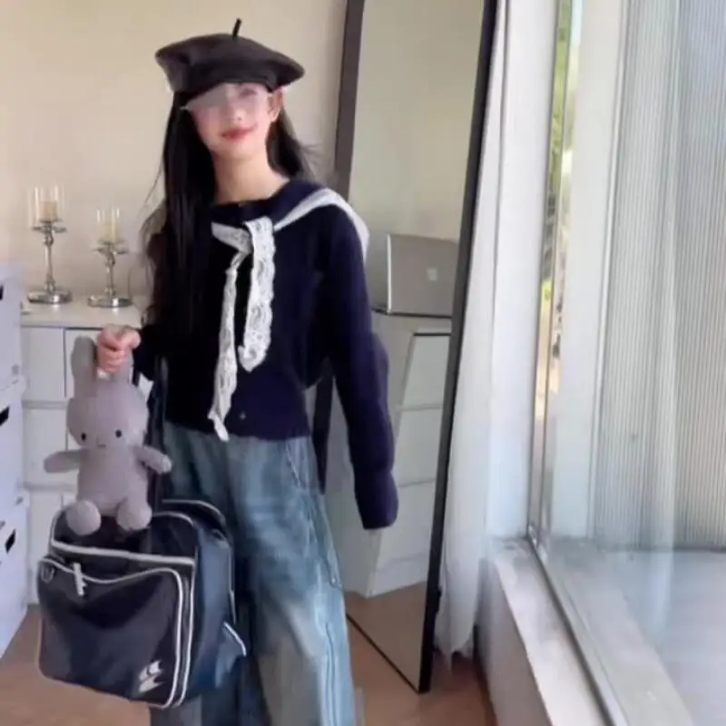 

Kawaii модный темно-синий свитер для девочек, джинсовый комплект, студенческий осенний повседневный топ с героями мультфильмов, спортивные штаны, комплект из 2 предметов, детская одежда