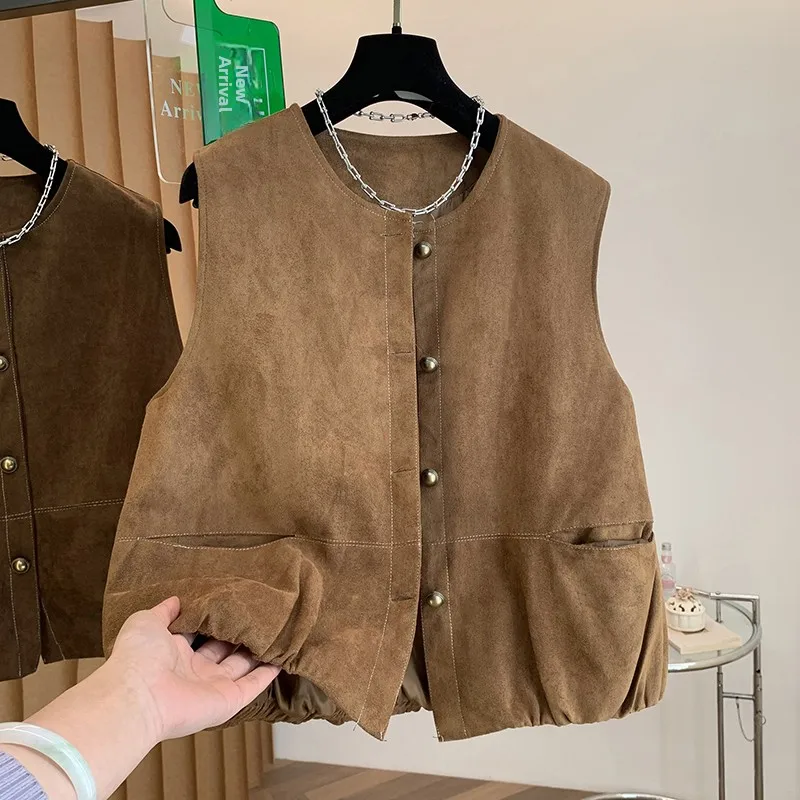 Spring Summer New Style Women's Loose round Neck Suede Vest Sleeveless Shoulder Pad Pure Color Top Outerwear Single Button