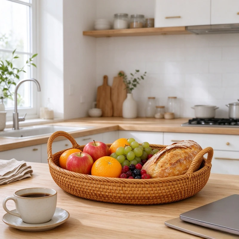 Handmade Rattan Wicker Basket Vietnamese Woven Fruit Basket Bowl Bread Container Sewing Storage Bin Kitchen Organizer Home Use