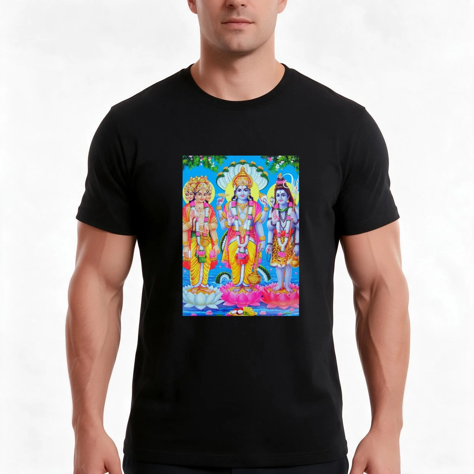 Hindu Trinity Brahma Shiva Vishun Buddhism Religion T-Shirt, Summer Casual Cotton Tee, Oversized Streetwear Tops, 100% Cotton